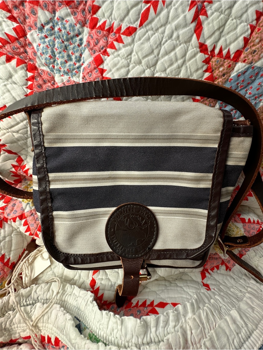 Striped Canvas Crossbody Bag with Leather Trim - Navy & Cream